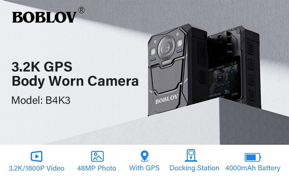 BOBLOV B4K3 2K Body Mounted Camera 128GB 4000mAh Battery 13 Hours Recording GPS Camcorder IP68 Body Worn Camera Police Body Cam