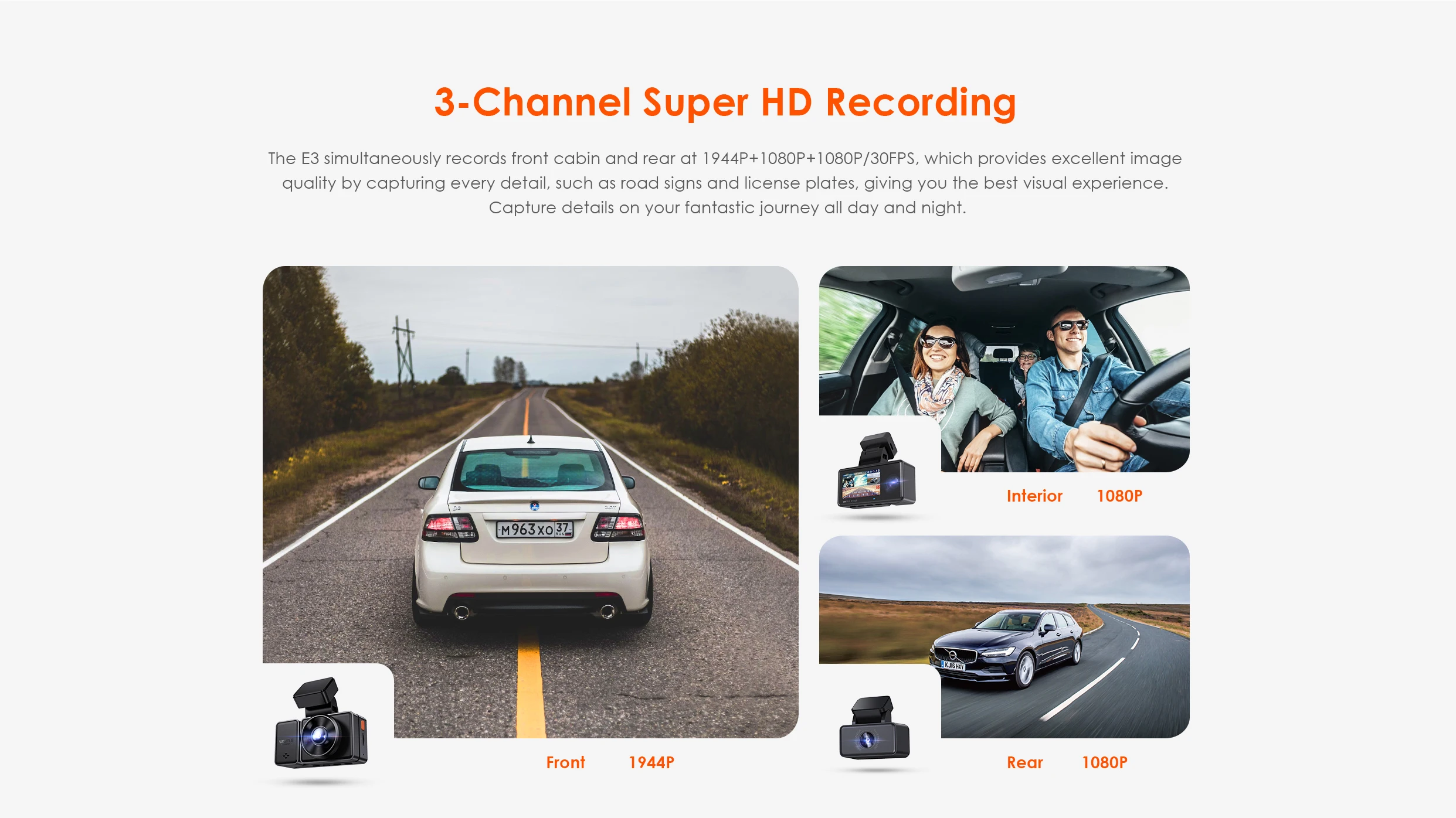 Vantrue E3 3 Channel Dash Cam 2.5K Front and Rear Inside Built-in WiFi GPS,Car Camera with Voice Control