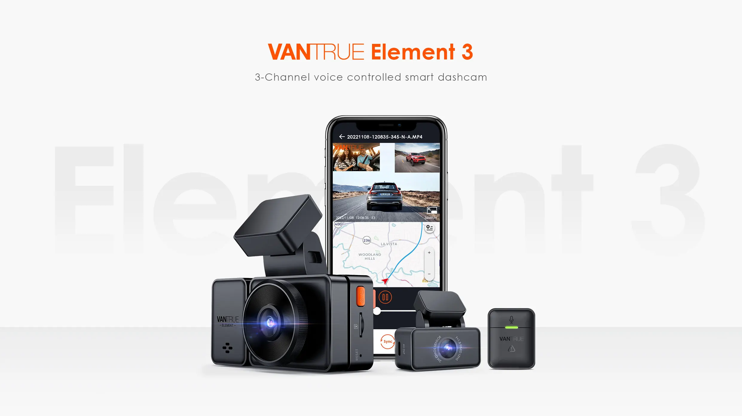 Vantrue E3 3 Channel Dash Cam 2.5K Front and Rear Inside Built-in WiFi GPS,Car Camera with Voice Control