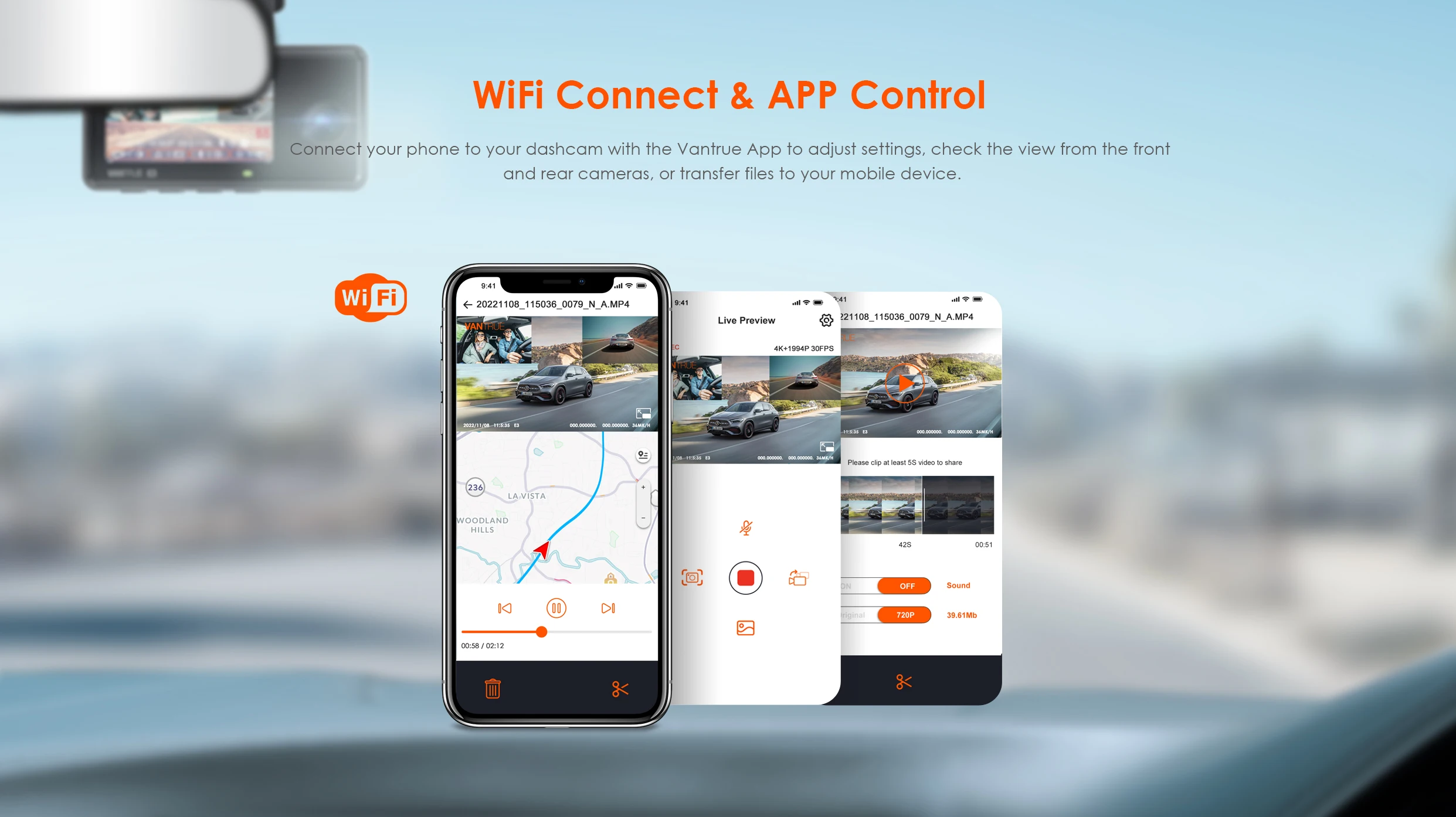 Vantrue E3 3 Channel Dash Cam 2.5K Front and Rear Inside Built-in WiFi GPS,Car Camera with Voice Control
