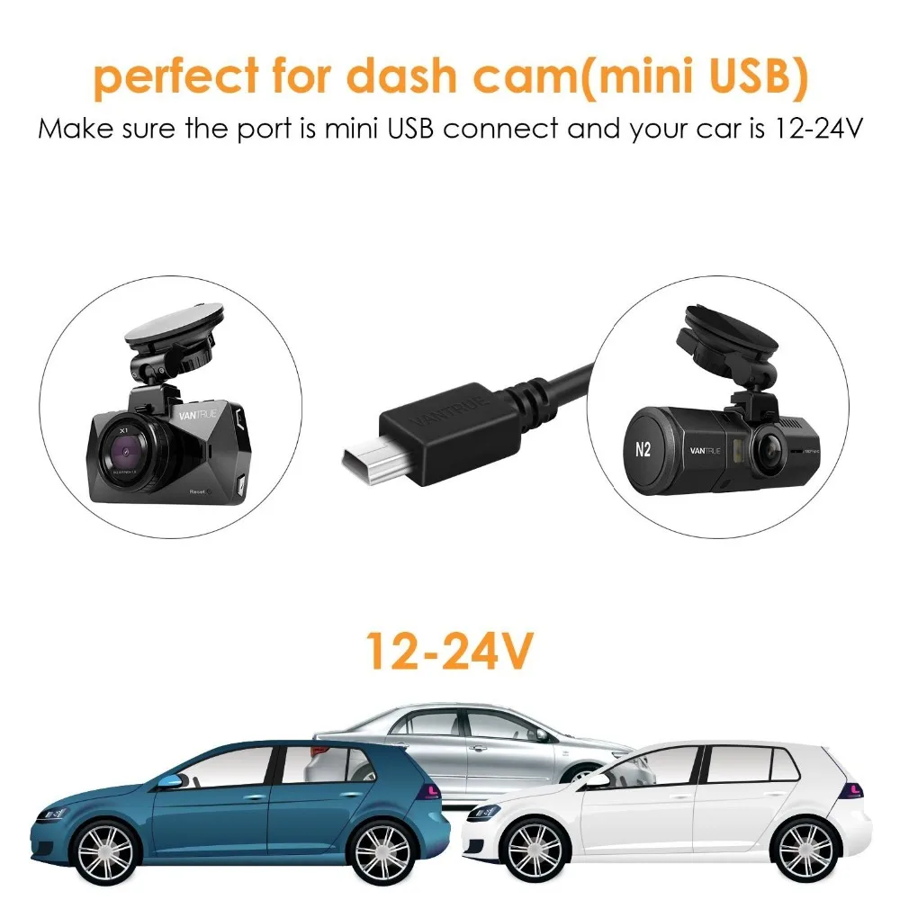 Vantrue Car Dash Cam Charger 5V 2A 11.4ft long Cable with Mini USB or Type C Port Adapter for Car DVR Mobile Phone
