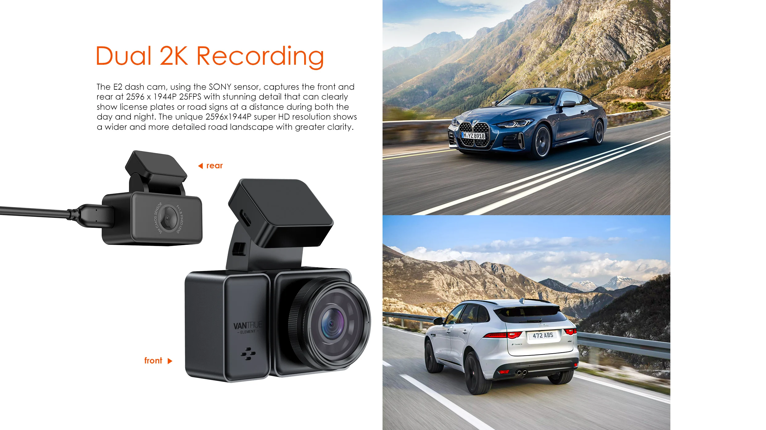 Vantrue E2 Car DVR 2.5K Front and Rear Dash cam for Car with 5G WiFi GPS Voice Control Black Box 1944P Car Recorders