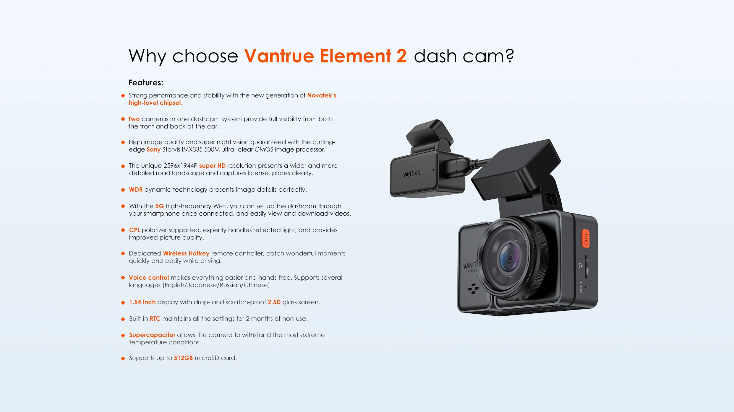 Vantrue E2 Car DVR 2.5K Front and Rear Dash cam for Car with 5G WiFi GPS Voice Control Black Box 1944P Car Recorders